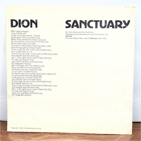 Dion Sanctuary 45 Picture Sleeve Only 1971 Warner Bros 7537 VG+ - Picture 2 of 4
